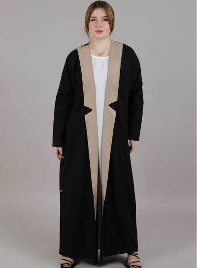 MSquare Fashion Crepe Open Abaya Black And Pink With Embroidery On Shoulder