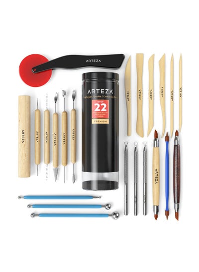 Arteza Pottery Tools & Clay Sculpting Tools Set of 22 Pieces in PET Storage Tube for Clay Pottery