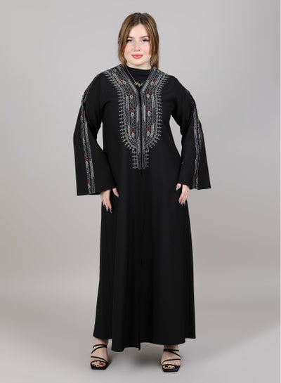 MSquare Fashion V-Neck Embroidered Open Abaya Black Color