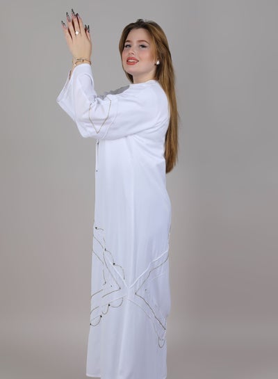 MSquare Fashion Open Casual Abaya V Neck White Embroidered