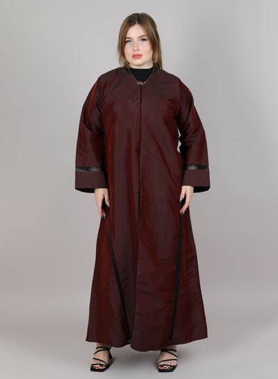 MSquare Fashion V-Neck Abaya Maroon color Taffeta Fabric with Black Lace