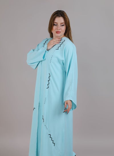 MSquare Fashion V Neck Open Abaya Turquoise Color With Black Embroidery